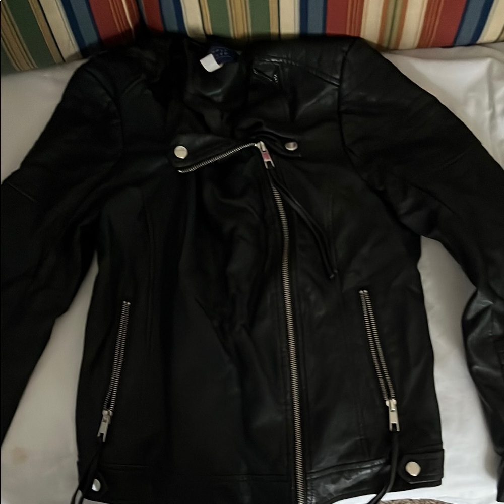 Black Leather Jacket with Zipper Details